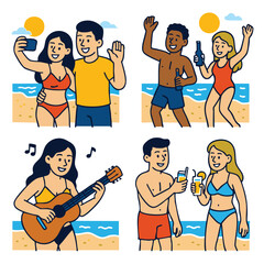 A group of young people enjoying beach party, smiling, drinking, playing guitar, taking selfie