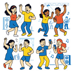 Group of happy people dancing, smiling, and enjoying music at lively outdoor festival event