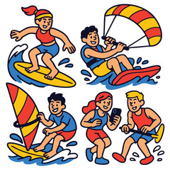 Surfer, kitesurfer, windsurfer, runner, friends, enjoying summer water sports, cheerful mood