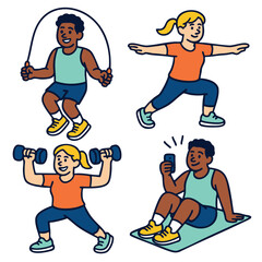 People exercising, skipping rope, lunging, lifting dumbbells, sitting on mat, cheerful mood