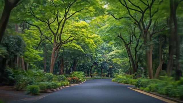 A tree-lined road leads through a lush green park. Sunlight filters through the canopy
