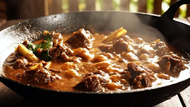 Close-up of Beef Rendang Simmering in a Wok with Steam, Lemongrass, and Kaffir Lime Leaves