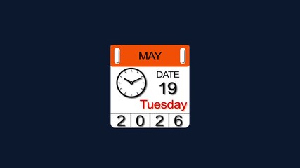 May month Tuesday 19 date calendar animation. 2026 calendar and creating a stunning video. 4k video.