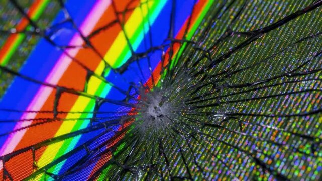 Screen monitor broken background displays intricate glass cracks and colorful lines on a vibrant LCD panel