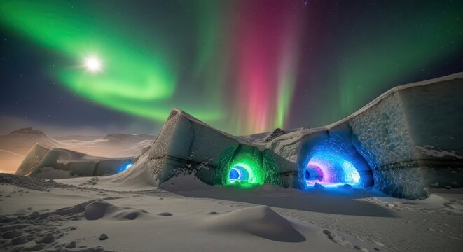 Aurora borealis dances above icy caves, casting vibrant colors across a snowy expanse - Powered by Adobe