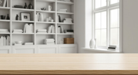 Empty wooden table top with Blur bookshelves in library.