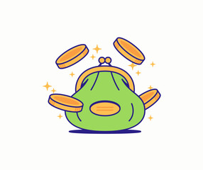 Coin purse is shown surrounded by flying gold coins and sparkling stars illustration cartoon hand drawn style vector for concepts related to finance, savings, budgeting, investment, digital wallet