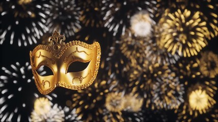 The Golden Masquerade Mask. Happy New Year 2026. A beautiful ornate golden masquerade mask is floating in the foreground. In the dark night sky of a spectacular fireworks.