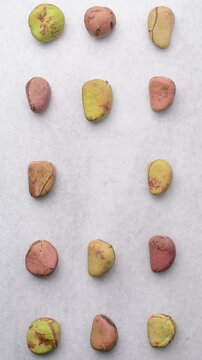 Overhead view of open kola nut on white granite countertop, top view of fresh kolanut