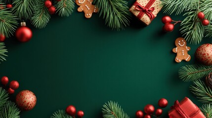 Festive Christmas Flat Lay with Evergreen Branches, Ornaments, Gifts, and Gingerbread on Green Background with Copy Space