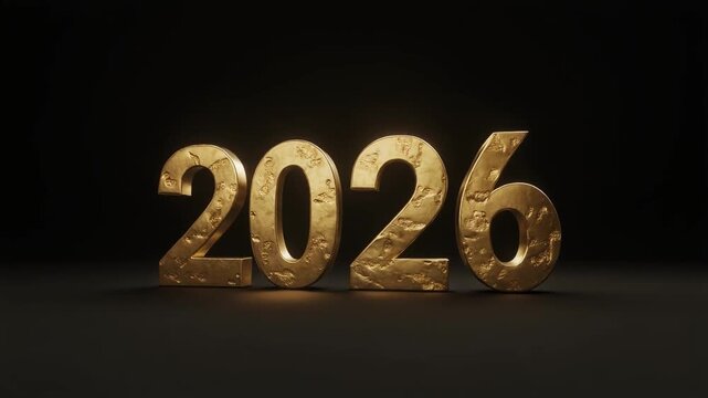 The Hammered Gold Texture. Happy New Year 2026. The numbers are made from a beautiful hammered gold material showing subtle handcrafted dents and organic texture.
