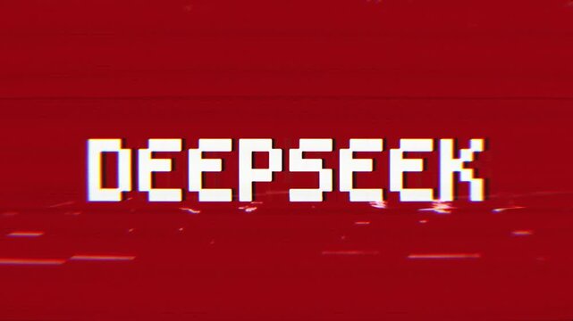 pixelated DEEPSEEK title animation with chromatic aberration and VHS distortions. Perfect for captivating intros, retro gaming, tech videos, or projects exploring data and secrets in 4K.