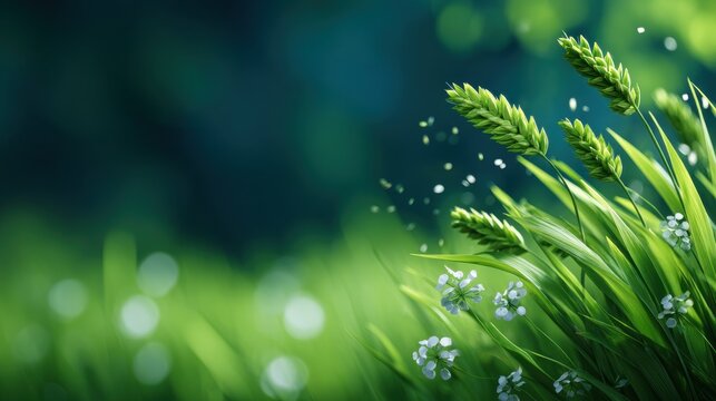 Lush Green Grass Field with Young Wheat Spikes and Wildflowers