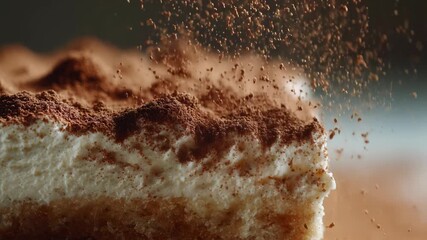 Indulge in delicious tiramisu dessert, featuring creamy layers and cocoa powder in macro closeup, showcasing sweet textures and inviting appearance