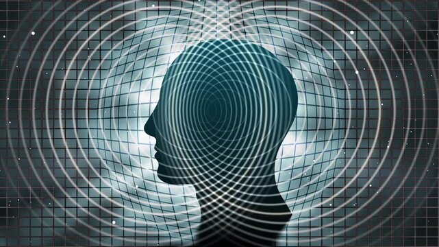 Human head silhouette with radio wave effect