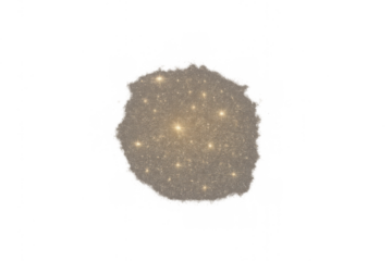 Golden light particles creating an abstract, sparkling dust cloud with glowing highlights and diffused glow. Transparent background