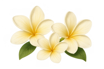 Frangipani flowers blooming with green leaves, depicting tropical nature and summer fragrance on transparent background