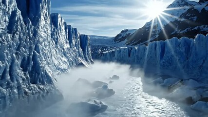 Stunning blue glacier ice canyon with a flowing meltwater river under bright sun and snowy mountains - Powered by Adobe
