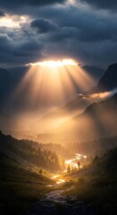 Stunning mountain landscape with dramatic clouds and sunlight breaking through, illuminating a winding river and lush greenery below