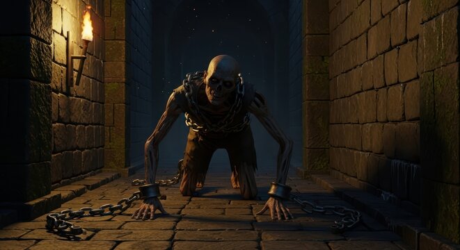 Creepy chained undead creature crawling in a dark dungeon passage illuminated by torch light