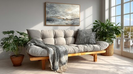 Interior with sofa plants artwork and window creating a bright and cozy space.
