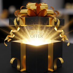 A luxurious black gift box with a golden ribbon and bow, emitting a glowing light with the words 'Special Offer' inside, creating an elegant and festive atmosphere for celebration or promotion