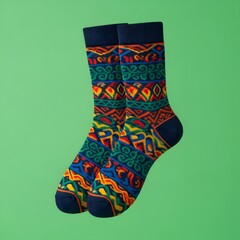 Colorful patterned socks with intricate geometric designs displayed against a vibrant green background