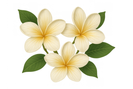 Plumeria flowers blooming with green leaves, depicting tropical nature and exotic beauty. Transparent background