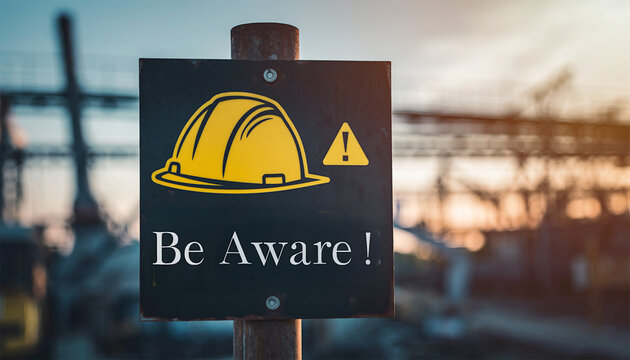 Construction safety warning sign with yellow hard hat icon and be aware message