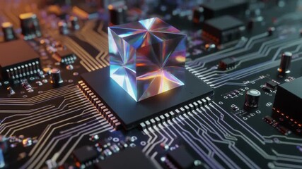 Quantum computer chip in macro detailed view intricate circuits glowing connections futuristic technology advanced computing high-tech microchip science innovation digital hardware - Powered by Adobe