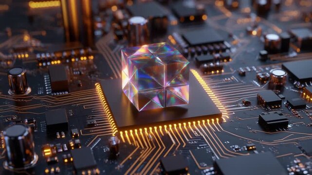 Quantum computer chip in macro detailed view intricate circuits glowing connections futuristic technology advanced computing high-tech microchip science innovation digital hardware