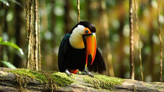 Exotic Toucan Bird Displays Behaviors in a Lush Tropical Jungle Environment Footage