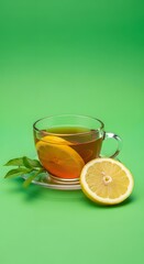 A clear glass cup filled with hot tea accompanied by a fresh lemon slice and green leaves on a vibrant green background