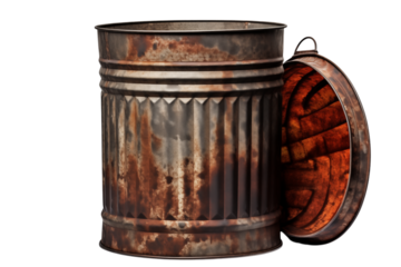 Old Rusty Metal Garbage Can - Weathered Waste Bin on transparent background png