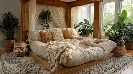 A cozy bed with plants and natural light creates a relaxing indoor space.