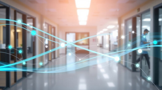 Blurry Image of a Bright Office or Clinic Corridor with People Moving, Featuring a Foreground Overlay of Glowing Blue Abstract Data Lines and Connected Nodes, Representing Business Technology, Digital