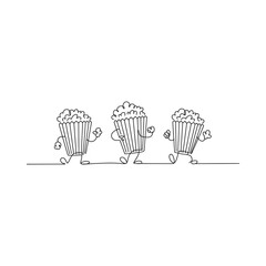 Three cartoon popcorn buckets with arms and legs walking