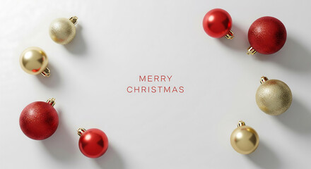 Minimalist Christmas  flat lay composition with elegant red and gold baubles framing a festive message on a clean white surface