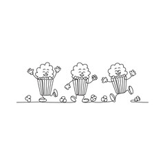 Three cartoon popcorn characters dancing and celebrating