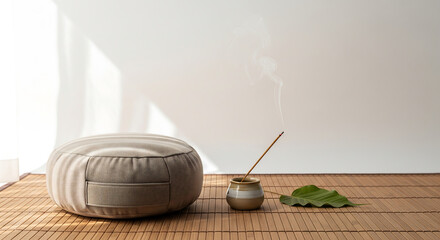 Moment of tranquil mindfulness copy space with a smoking incense stick and a meditation cushion in a serene setting