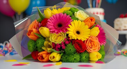a bouquet of mixed gerberas, tulips, and roses bursts with colors wrapped in shiny paper.