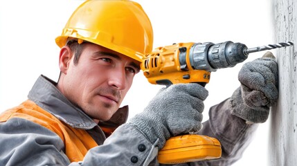 Construction Worker at Work: A construction worker in a yellow safety helmet intently focuses on the task, drilling into a wall with precision and expertise, a testament to skill and dedication.