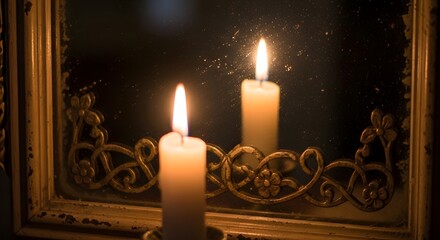 Two lit candles placed in front of a reflective mirror creating a warm and peaceful ambiance during a quiet evening