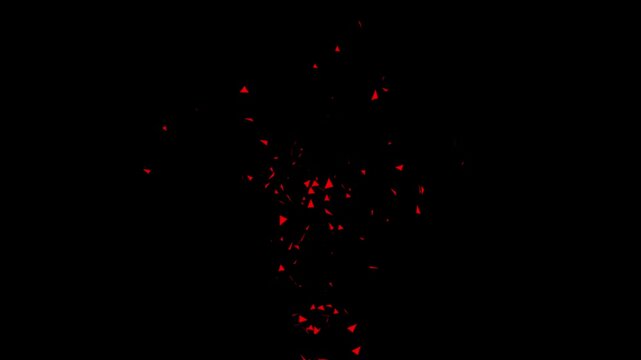 Red triangular fragments scattered against a dark background creating a dynamic composition