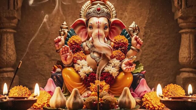 Devotional Lord Ganesha Idol Adorned with Flowers and Lamps for Ganesh Chaturthi Festival Celebration in India