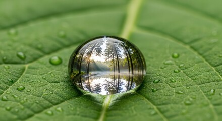 Serene forest reflection within a water droplet on a vibrant green leaf surface