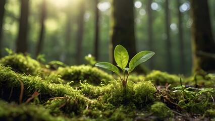 Young plant growing in forest sunlight symbolizing sustainability and ecological renewal