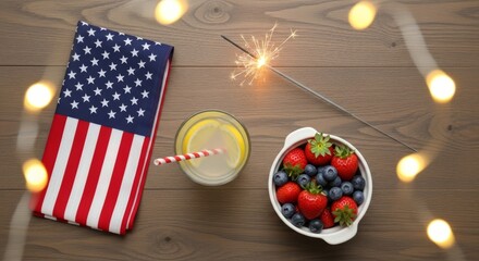 Festive Fourth of July flat lay with American flag, sparkler, and berries. Top view of patriotic summer celebration on rustic wood. Perfect for Independence Day, Memorial Day, or Labor Day themes.
