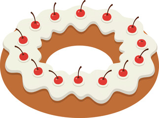 Decorative Cherry Topped Ring Cake with White Icing on Brown Base