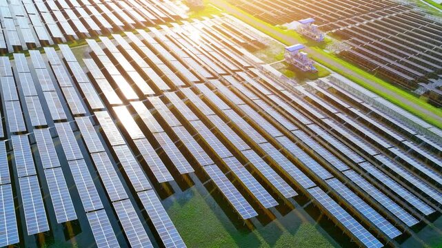 Drone view of wide solar panels glowing in sunlight, symbolizing clean energy, sustainability, innovation, efficiency, climate action, green tech, renewable power, and future readiness.
